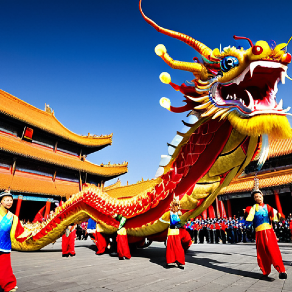 A breathtaking Chinese Dragon Dance during a vibrant Lunar New Year parade. A very long, flexible dragon, adorned with shimmering scales in bright red, gold, and blue, is gracefully manipulated by dozens of performers. It undulates powerfully, appearing to fly through the air, chasing a glowing "magic pearl." The scene is set against a backdrop of traditional Chinese architecture, filled with an electric atmosphere of celebration, booming drums, and clashing cymbals.