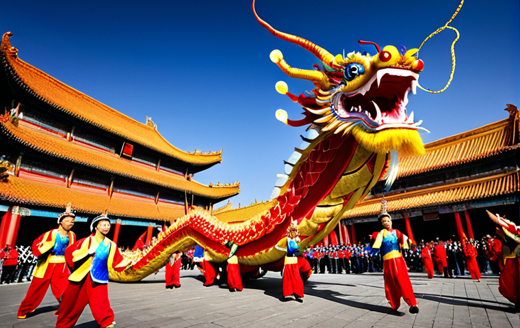 A breathtaking Chinese Dragon Dance during a vibrant Lunar New Year parade. A very long, flexible dragon, adorned with shimmering scales in bright red, gold, and blue, is gracefully manipulated by dozens of performers. It undulates powerfully, appearing to fly through the air, chasing a glowing "magic pearl." The scene is set against a backdrop of traditional Chinese architecture, filled with an electric atmosphere of celebration, booming drums, and clashing cymbals.