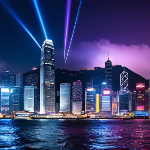 A breathtaking panoramic view of the Hong Kong Tsim Sha Tsui skyline at twilight, as seen from the edge of Victoria Harbour. Thousands of sparkling city lights illuminate the towering skyscrapers, with vibrant laser beams from the 'Symphony of Lights' show piercing the deep blue and purple sky. The city's reflection shimmers on the calm water of the harbor, creating a magical atmosphere. Professional photography, high detail, stunning composition, perfect anatomy, correct proportions, natural lighting, safe for work, appropriate content, fully clothed, professional image.