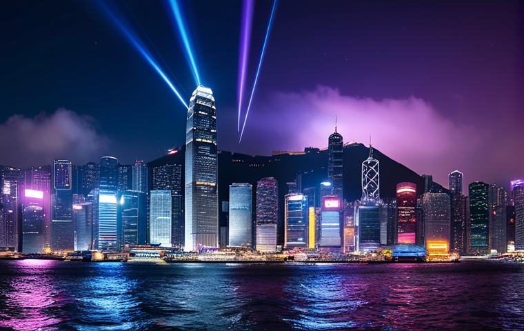 A breathtaking panoramic view of the Hong Kong Tsim Sha Tsui skyline at twilight, as seen from the edge of Victoria Harbour. Thousands of sparkling city lights illuminate the towering skyscrapers, with vibrant laser beams from the 'Symphony of Lights' show piercing the deep blue and purple sky. The city's reflection shimmers on the calm water of the harbor, creating a magical atmosphere. Professional photography, high detail, stunning composition, perfect anatomy, correct proportions, natural lighting, safe for work, appropriate content, fully clothed, professional image.