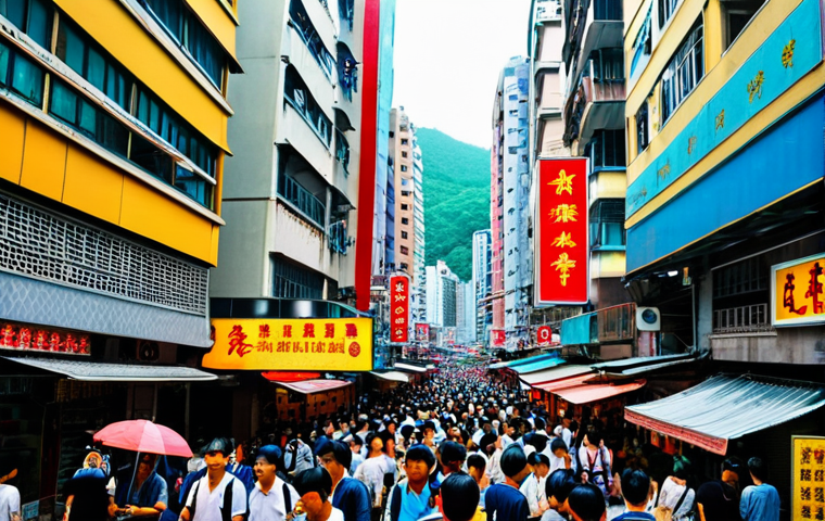 홍콩 보안법 통과 후 영향 - **Image:** A bustling Hong Kong street scene, pre-security law. **Prompt:** "A vibrant and crowded s...