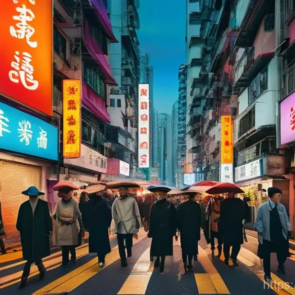 홍콩과 중국의 일국양제 정책 - **A bustling street in Hong Kong at dusk, capturing its vibrant energy and unique cultural fusion.**...