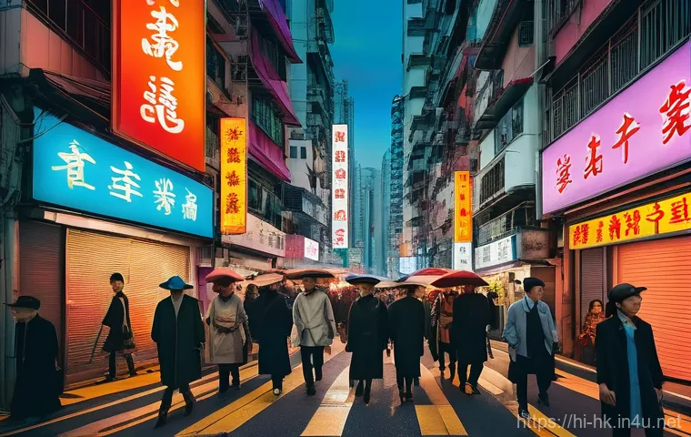 홍콩과 중국의 일국양제 정책 - **A bustling street in Hong Kong at dusk, capturing its vibrant energy and unique cultural fusion.**...