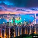 홍콩의 테크 산업 성장 - A vibrant futuristic smart cityscape of Hong Kong at dusk, showcasing extensive 5G network towers an...