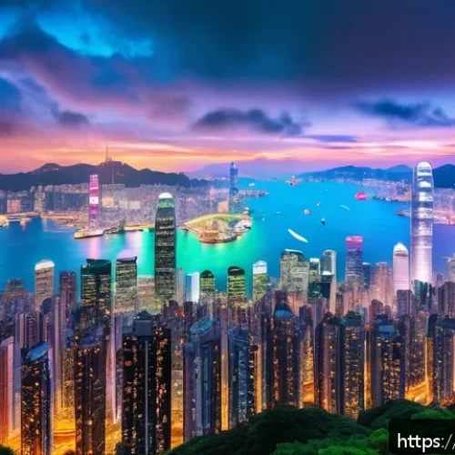 홍콩의 테크 산업 성장 - A vibrant futuristic smart cityscape of Hong Kong at dusk, showcasing extensive 5G network towers an...