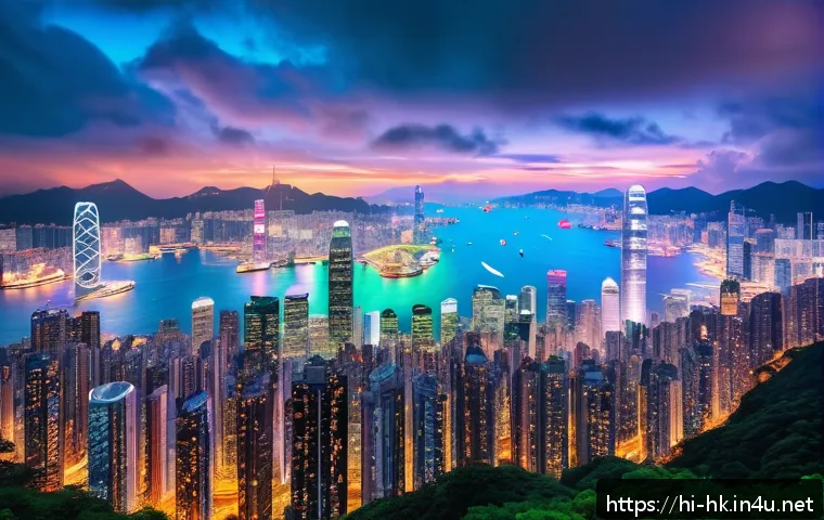 홍콩의 테크 산업 성장 - A vibrant futuristic smart cityscape of Hong Kong at dusk, showcasing extensive 5G network towers an...