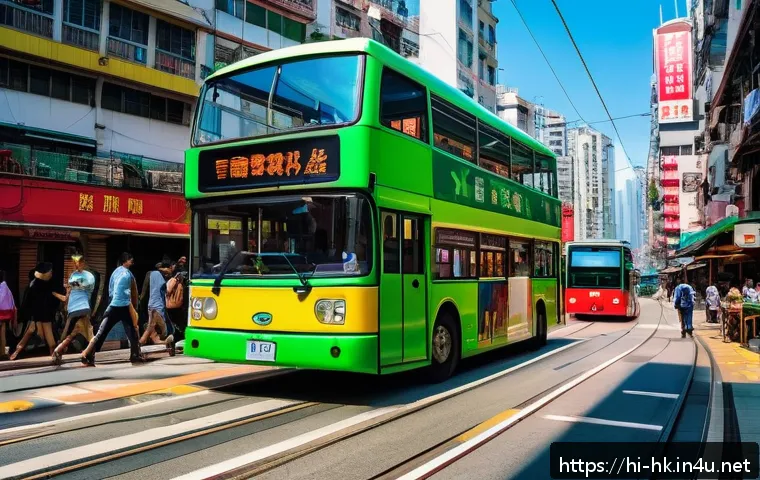 홍콩 교통 및 여행 팁 - A bustling Hong Kong street scene featuring a colorful double-decker bus and an iconic green tram mo...