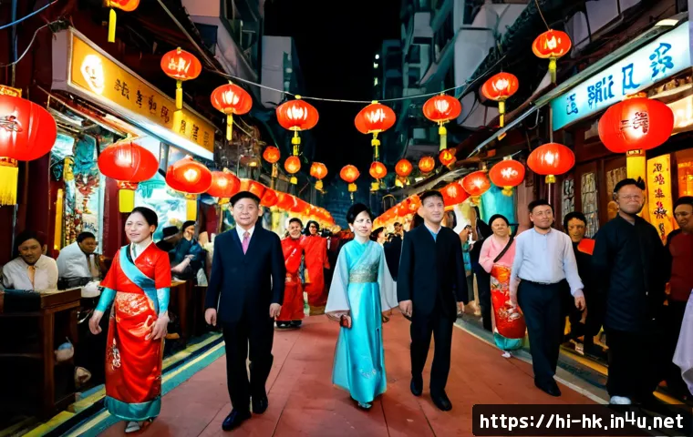 홍콩 전통 명절과 축제 - Photorealistic Hong Kong Lunar New Year street celebration at dusk, vibrant red and gold lanterns ha...