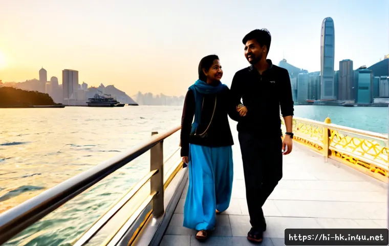 홍콩 도보 여행 코스 추천 - Photorealistic Hong Kong walking tour scene at sunrise, a Hindi-speaking Indian couple in modest cas...