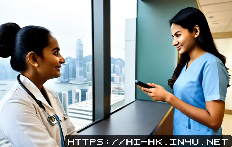 홍콩에서 의료 서비스 받기 - Photorealistic Hong Kong private clinic reception, an Indian family speaking with a friendly female ...